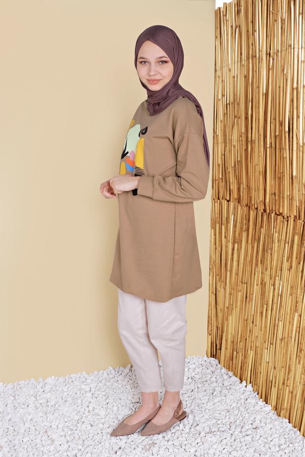 Vêtements hijab BEIGE TUNIQUE DE SURVÊTEMENT IMPRIMÉ 3456 - TRENDTESETTÜR