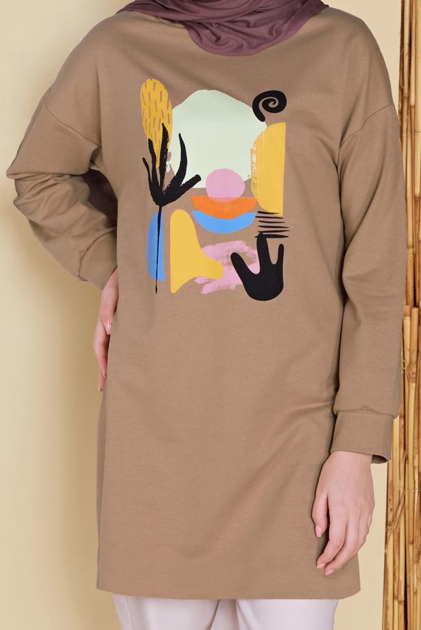 Vêtements hijab BEIGE TUNIQUE DE SURVÊTEMENT IMPRIMÉ 3456 - TRENDTESETTÜR