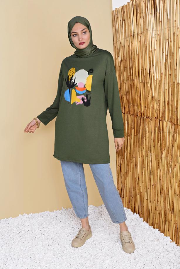 Vêtements hijab KAKI TUNIQUE DE SURVÊTEMENT IMPRIMÉ 3456 - TRENDTESETTÜR
