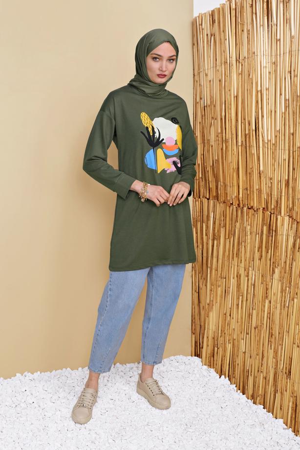 Vêtements hijab KAKI TUNIQUE DE SURVÊTEMENT IMPRIMÉ 3456 - TRENDTESETTÜR