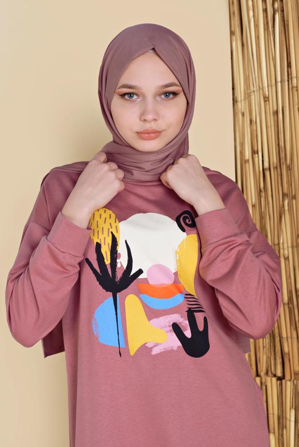 Vêtements hijab POUDRE TUNIQUE DE SURVÊTEMENT IMPRIMÉ 3456 - TRENDTESETTÜR