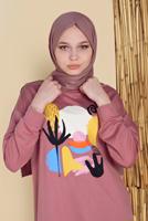 Tesettür giyim PUDRA ÖN KISMI BASKILI EŞOFMAN TUNİK 3456