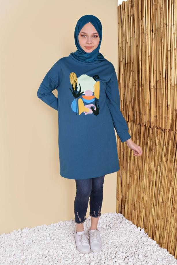 Vêtements hijab BLEU MARINE TUNIQUE DE SURVÊTEMENT IMPRIMÉ 3456 - TRENDTESETTÜR