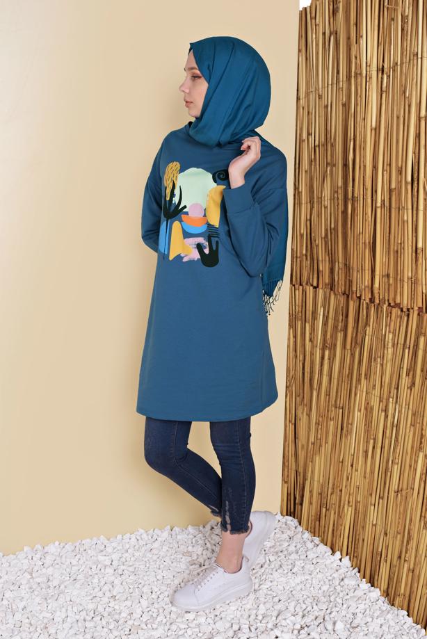 Vêtements hijab BLEU MARINE TUNIQUE DE SURVÊTEMENT IMPRIMÉ 3456 - TRENDTESETTÜR