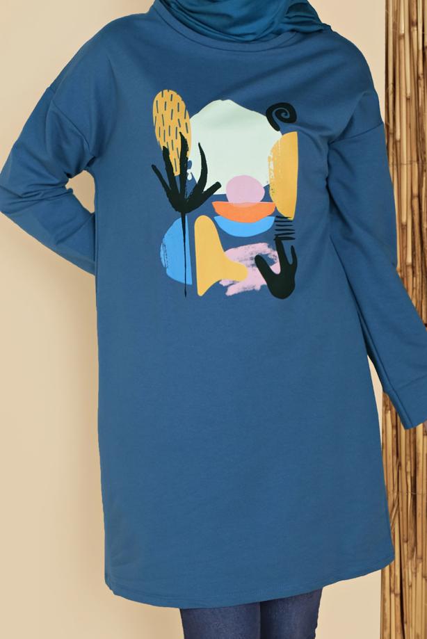 Vêtements hijab BLEU MARINE TUNIQUE DE SURVÊTEMENT IMPRIMÉ 3456 - TRENDTESETTÜR