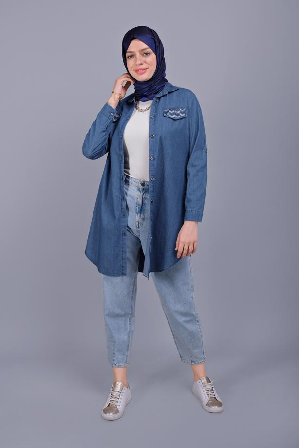 Vêtements hijab  STONE PRINTED DENIM TUNIC  3881  - TRENDTESETTÜR