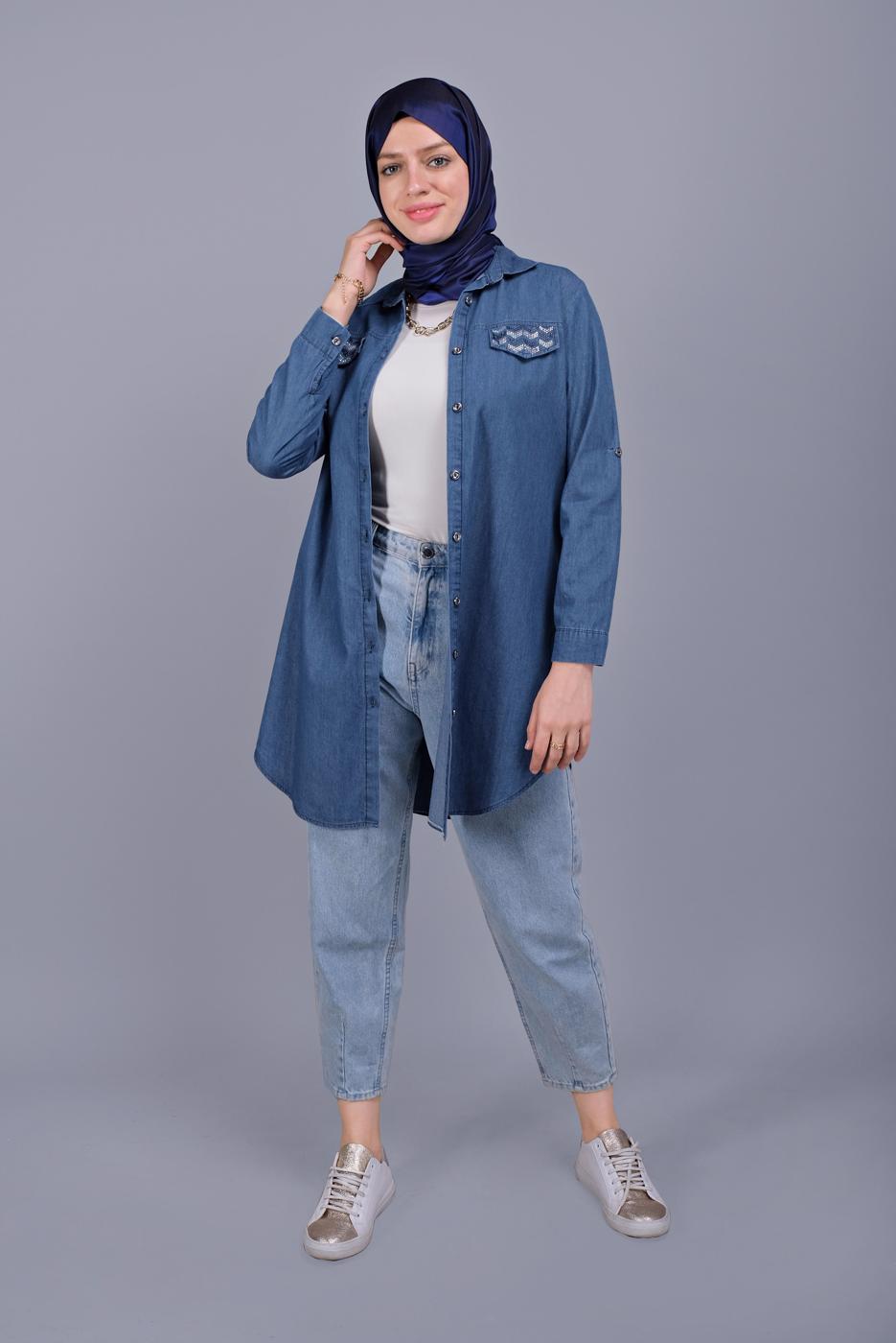 Hijab clothing NAVY BLUE STONE PRINTED DENIM TUNIC  3881 