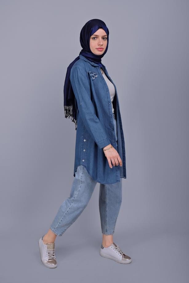 Hijab clothing  STONE PRINTED DENIM TUNIC  3881  - TRENDTESETTÜR