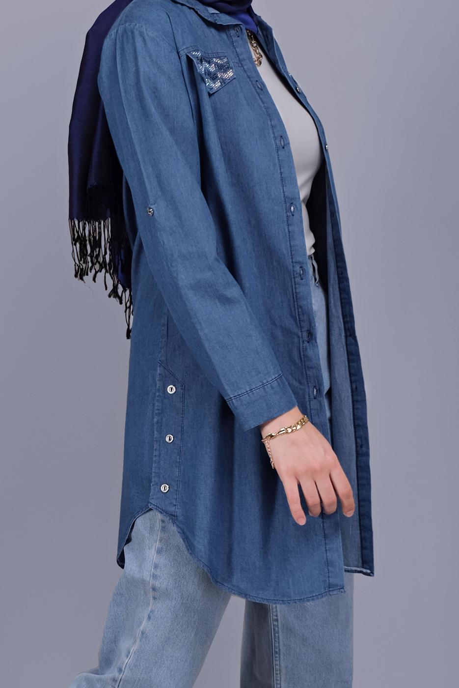 Hijab clothing NAVY BLUE STONE PRINTED DENIM TUNIC  3881 