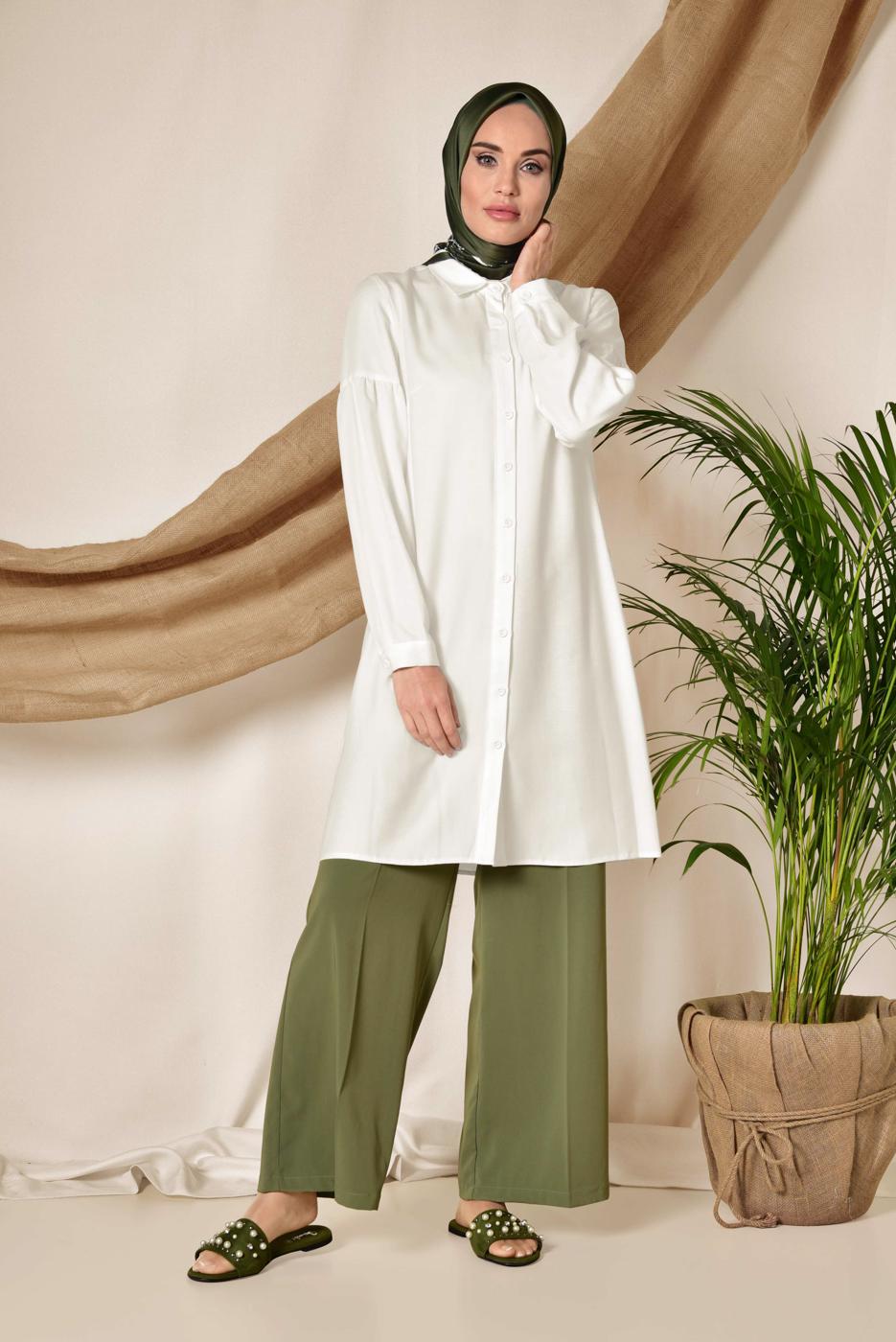 Tesettür giyim KREM  ALVİNA ÖNDEN DÜĞMELİ ERKEK YAKA TUNİK 4065