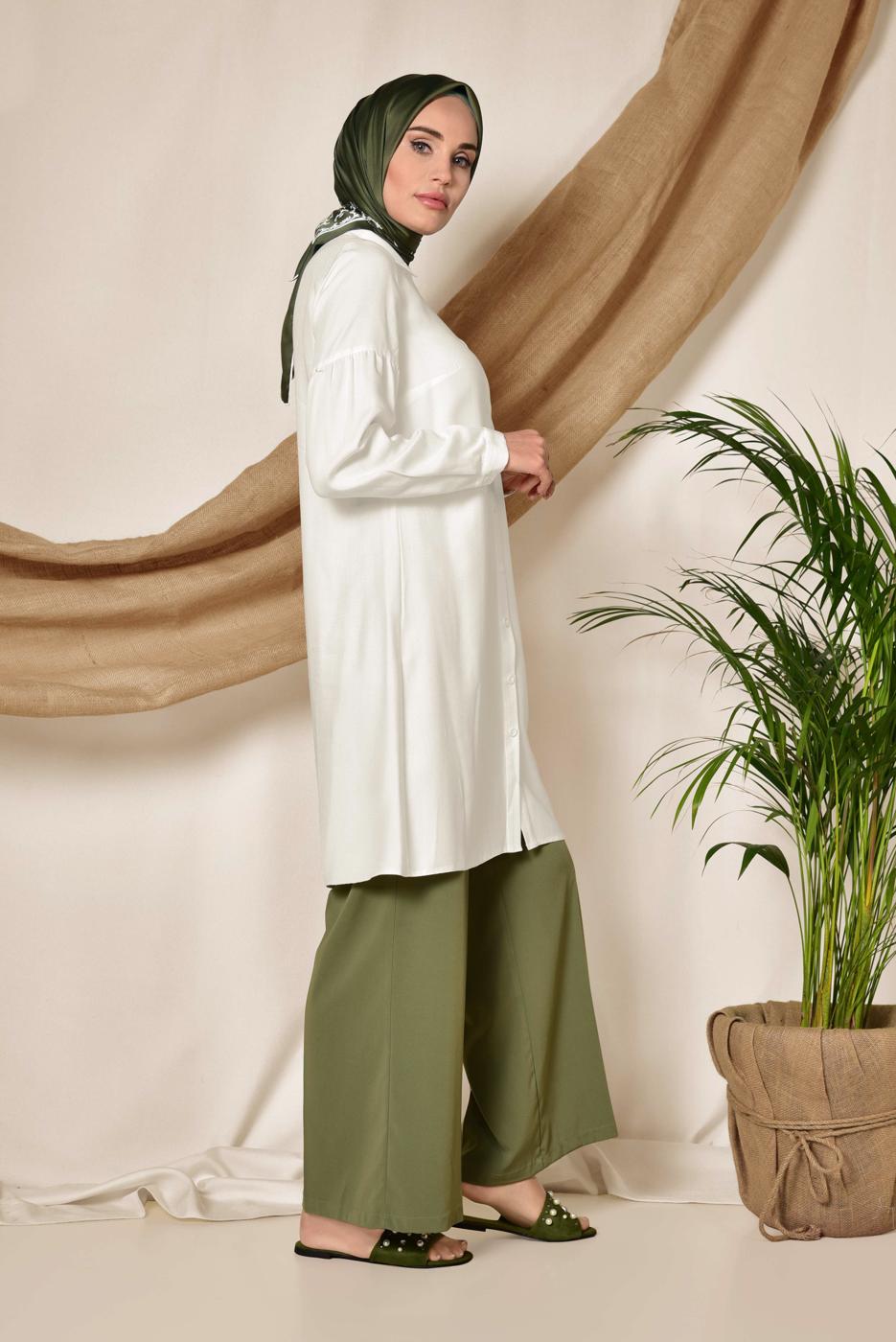 Tesettür giyim KREM  ALVİNA ÖNDEN DÜĞMELİ ERKEK YAKA TUNİK 4065