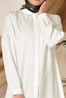 Tesettür giyim KREM  ALVİNA ÖNDEN DÜĞMELİ ERKEK YAKA TUNİK 4065