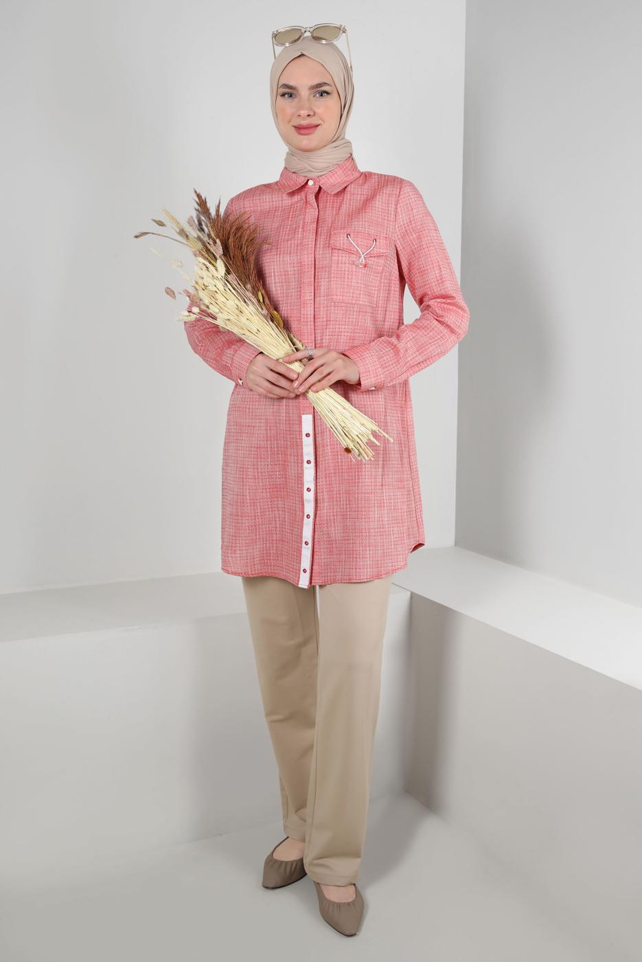 Tesettür giyim KIRMIZI ALVİNA CEPLİ GİZLİ DÜĞMELİ TUNİK T 41702