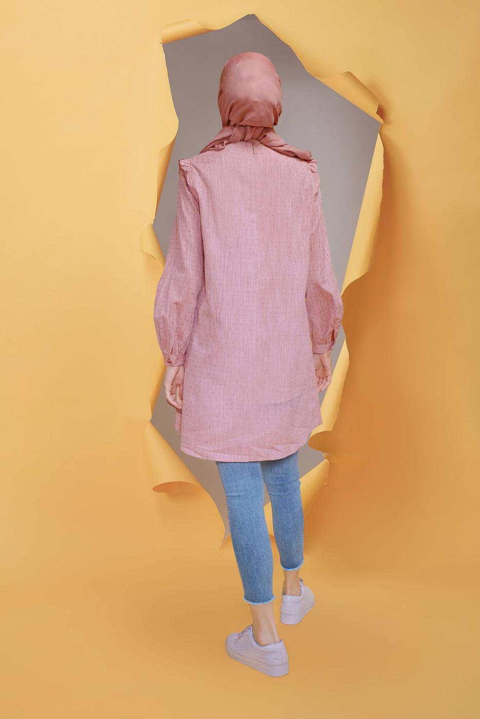 Tesettür giyim KAHVE ALVİNA YAKASI BAĞLAMALI NAKIŞ DETAYLI TUNİK T 41704