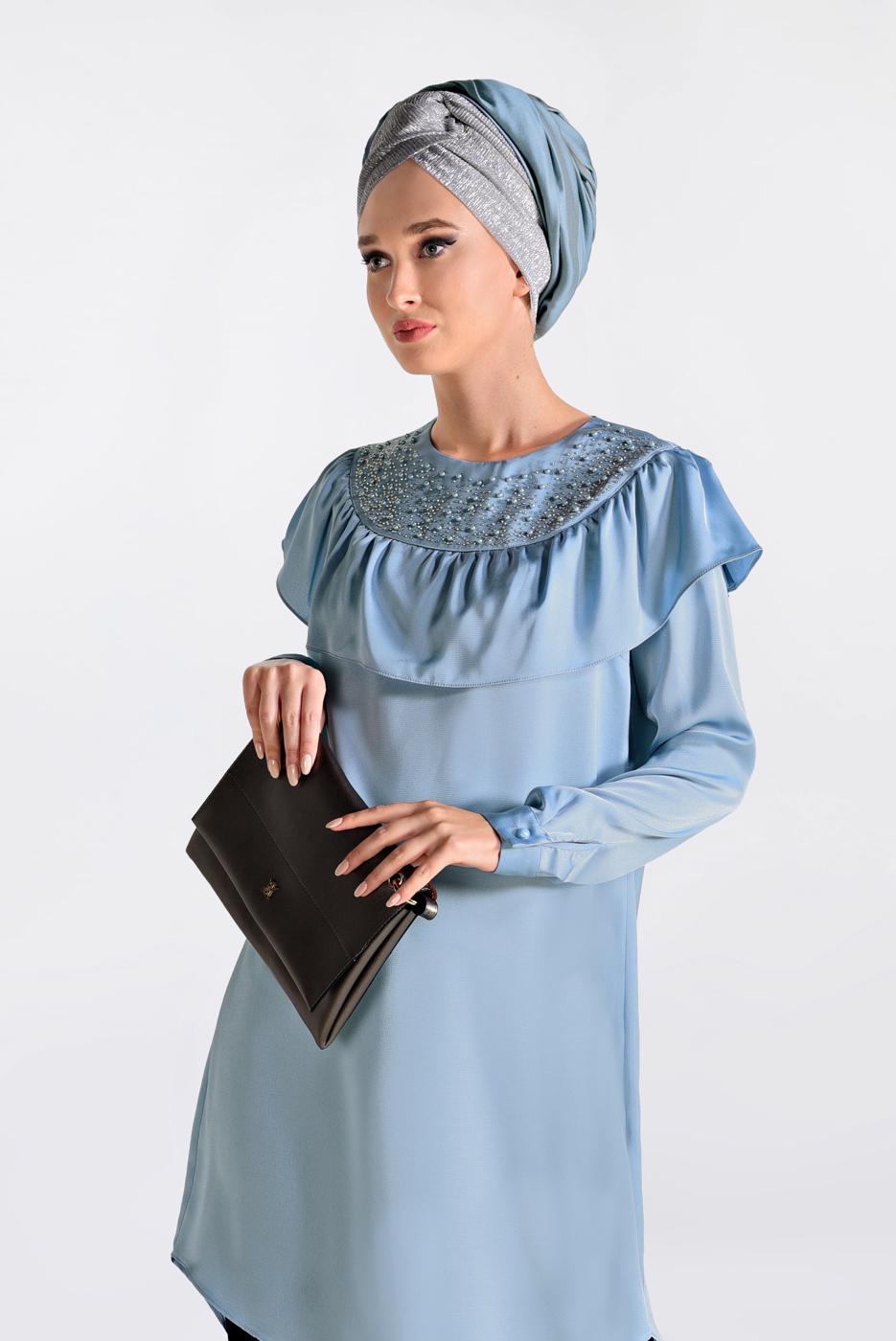 Tesettür giyim MAVİ BONCUK DETAYLI VOLANLI TUNİK 4201 