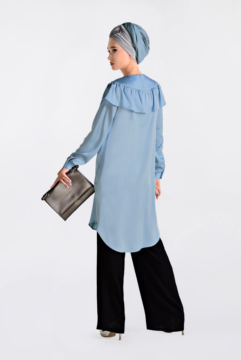 Tesettür giyim MAVİ BONCUK DETAYLI VOLANLI TUNİK 4201 