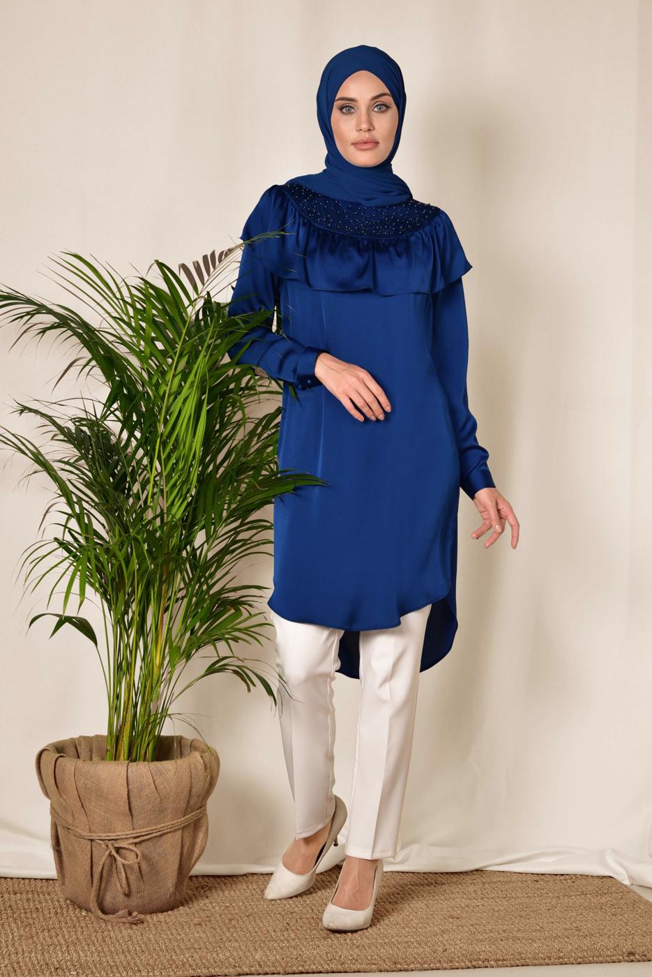 Tesettür giyim LACİVERT BONCUK DETAYLI VOLANLI TUNİK 4201 