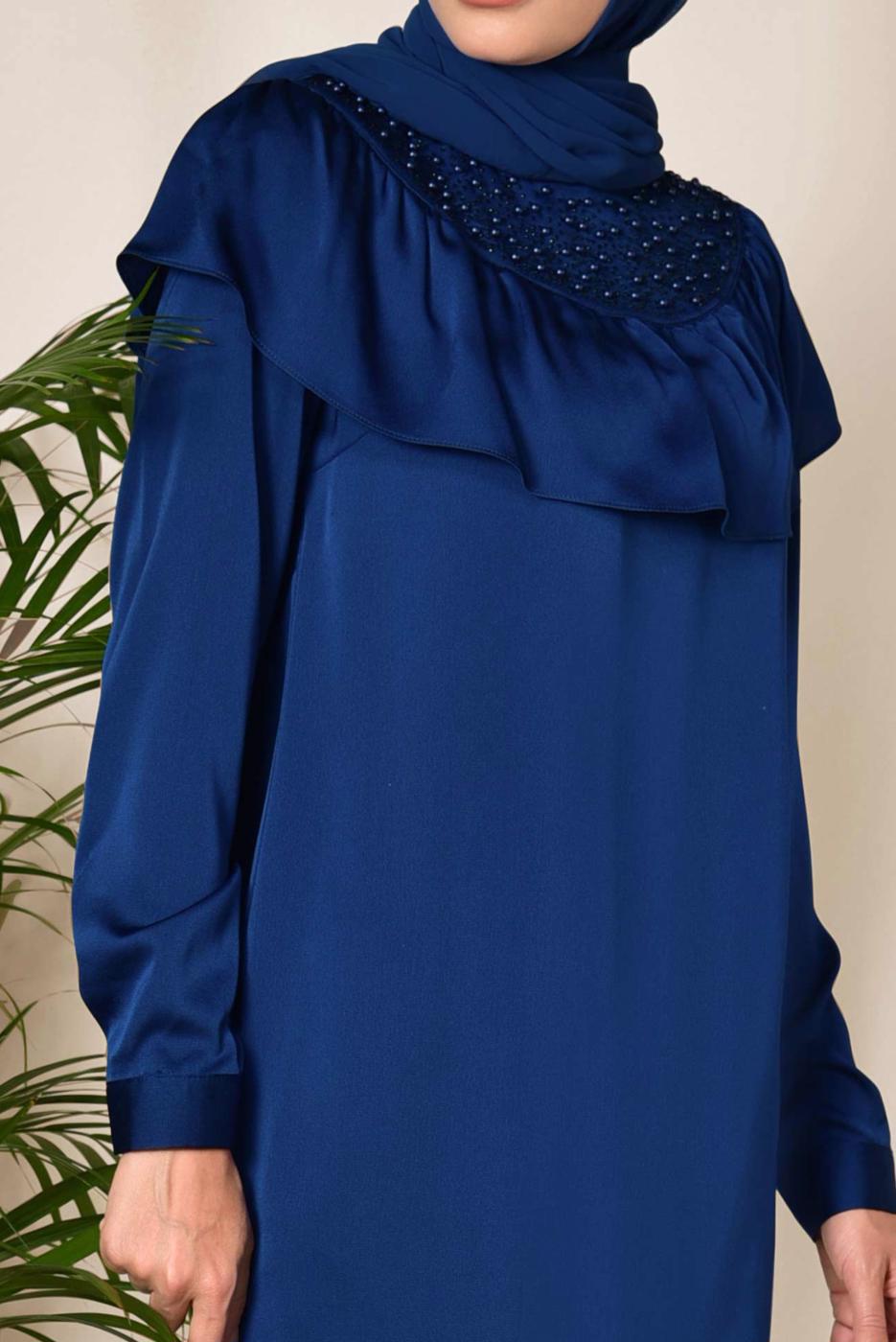 Tesettür giyim LACİVERT BONCUK DETAYLI VOLANLI TUNİK 4201 