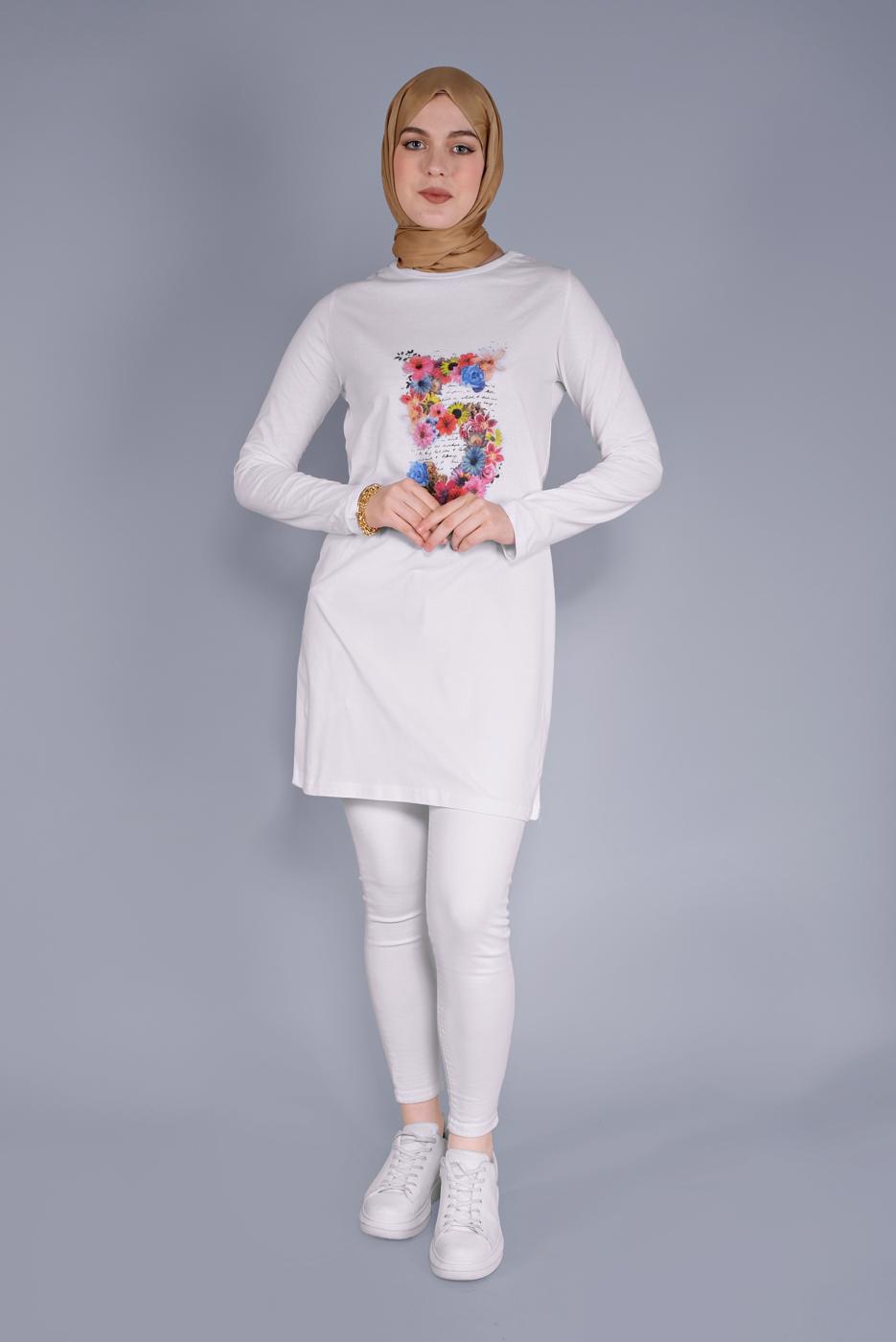 Tesettür giyim BEYAZ PAMUKLU ÇİÇEK BASKILI TUNİK 4206 