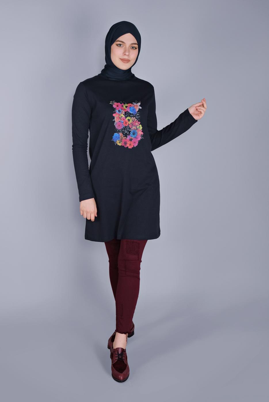 Vêtements hijab BLEU MARINE TUNIQUE EN COTON IMPRIMÉ FLEURS  4206