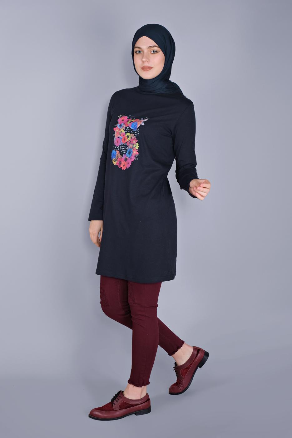 Vêtements hijab BLEU MARINE TUNIQUE EN COTON IMPRIMÉ FLEURS  4206