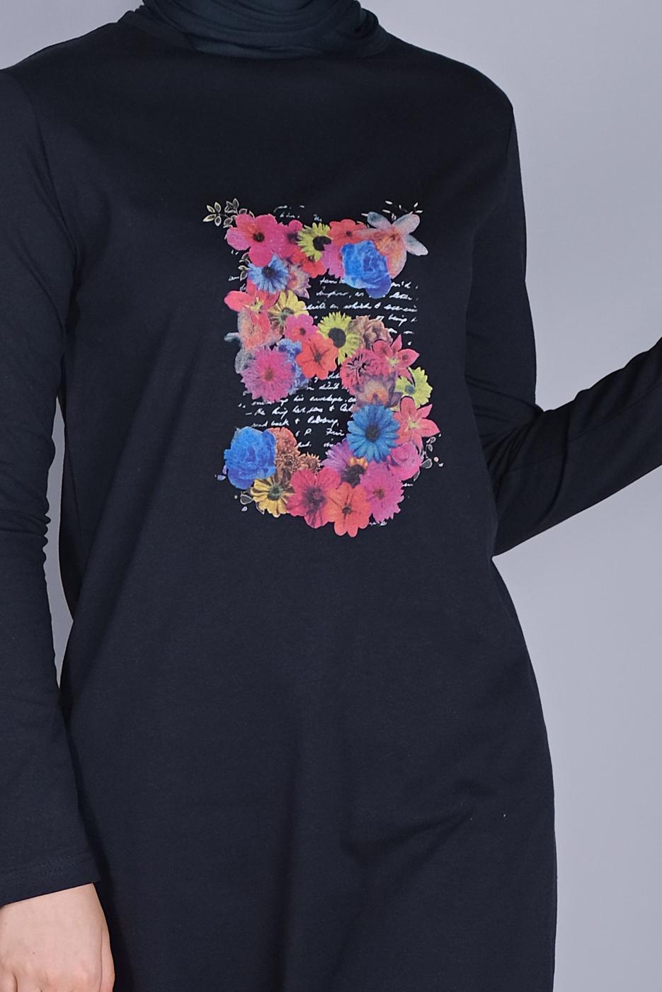 Vêtements hijab BLEU MARINE TUNIQUE EN COTON IMPRIMÉ FLEURS  4206