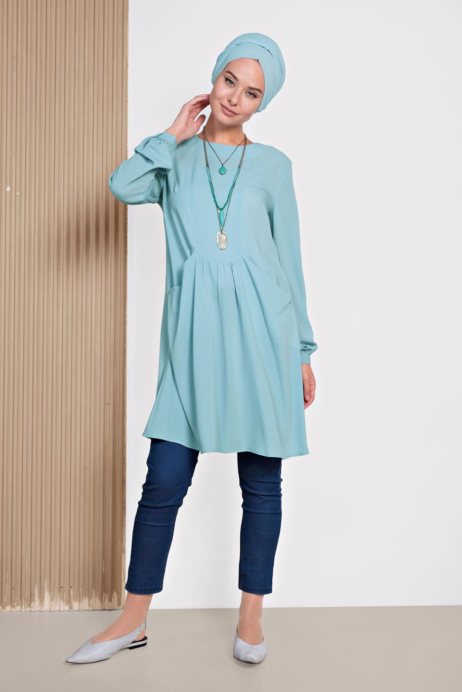 Tesettür giyim MAVİ  ALVİNA  CEPLİ BİSİKLET YAKA TUNİK 4240