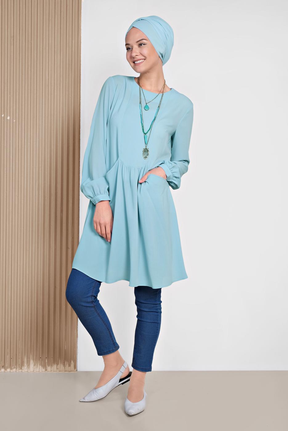Tesettür giyim MAVİ  ALVİNA  CEPLİ BİSİKLET YAKA TUNİK 4240