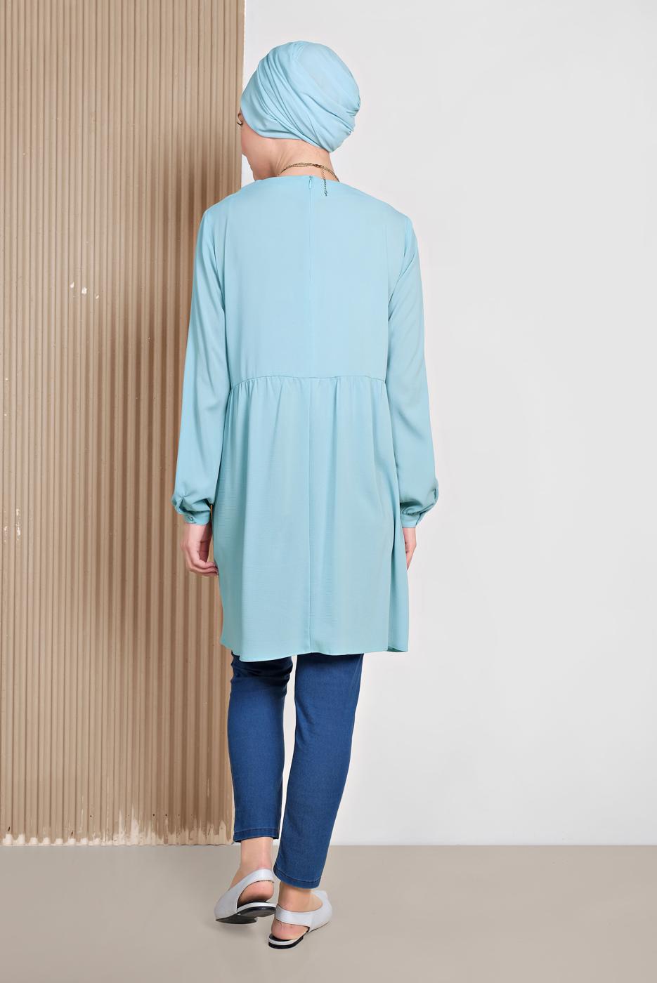 Tesettür giyim MAVİ  ALVİNA  CEPLİ BİSİKLET YAKA TUNİK 4240