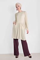 Tesettür giyim EKRU  ALVİNA  CEPLİ BİSİKLET YAKA TUNİK 4240