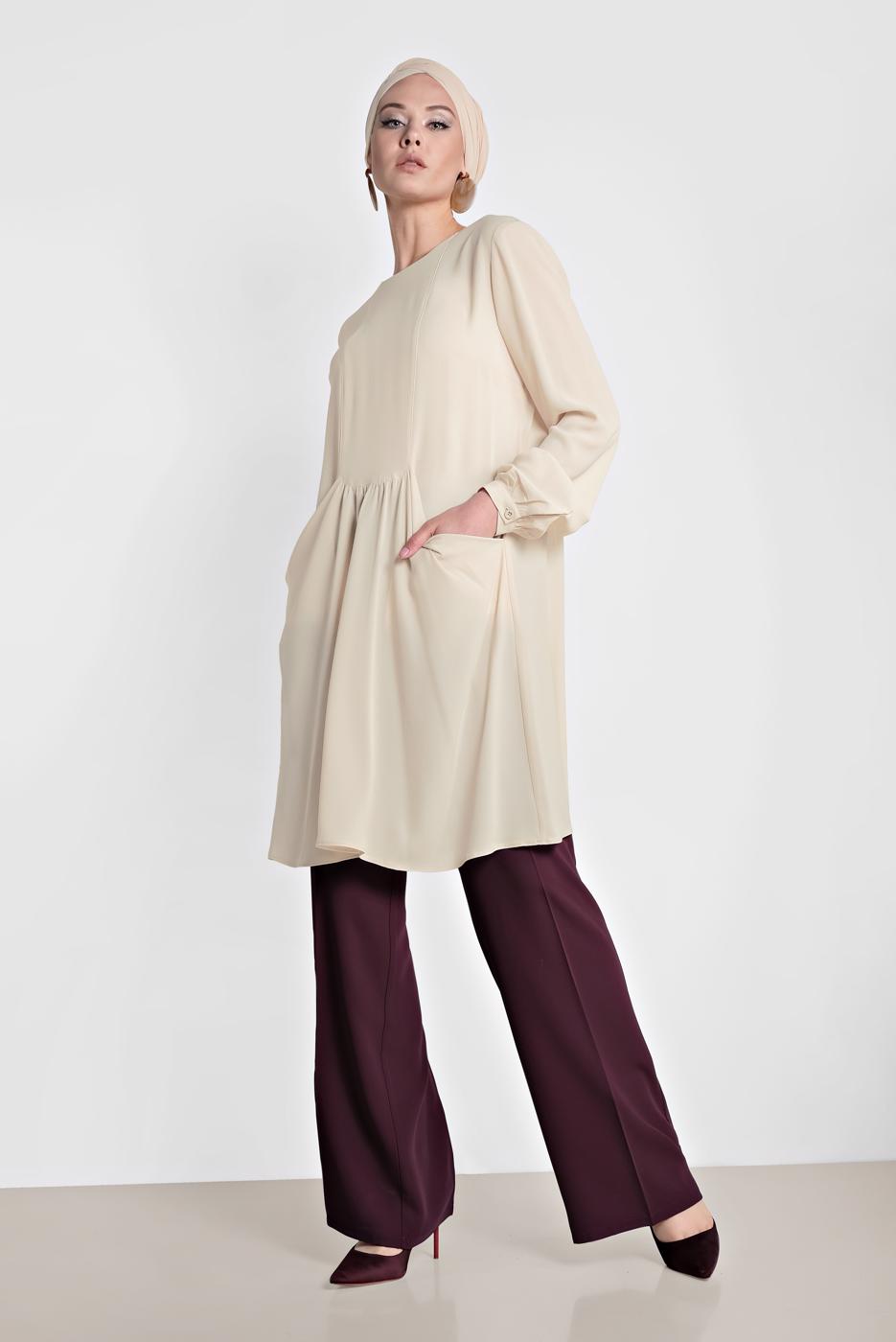 Tesettür giyim EKRU  ALVİNA  CEPLİ BİSİKLET YAKA TUNİK 4240