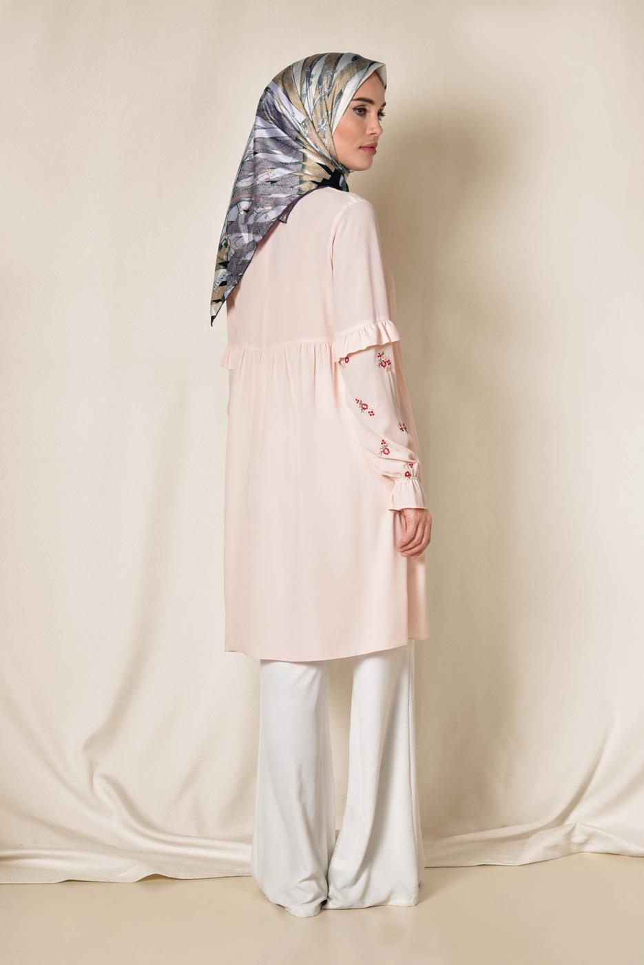 Tesettür giyim PEMBE ALVİNA KOLLARI NAKIŞLI BOL KESİM TUNİK 4274	