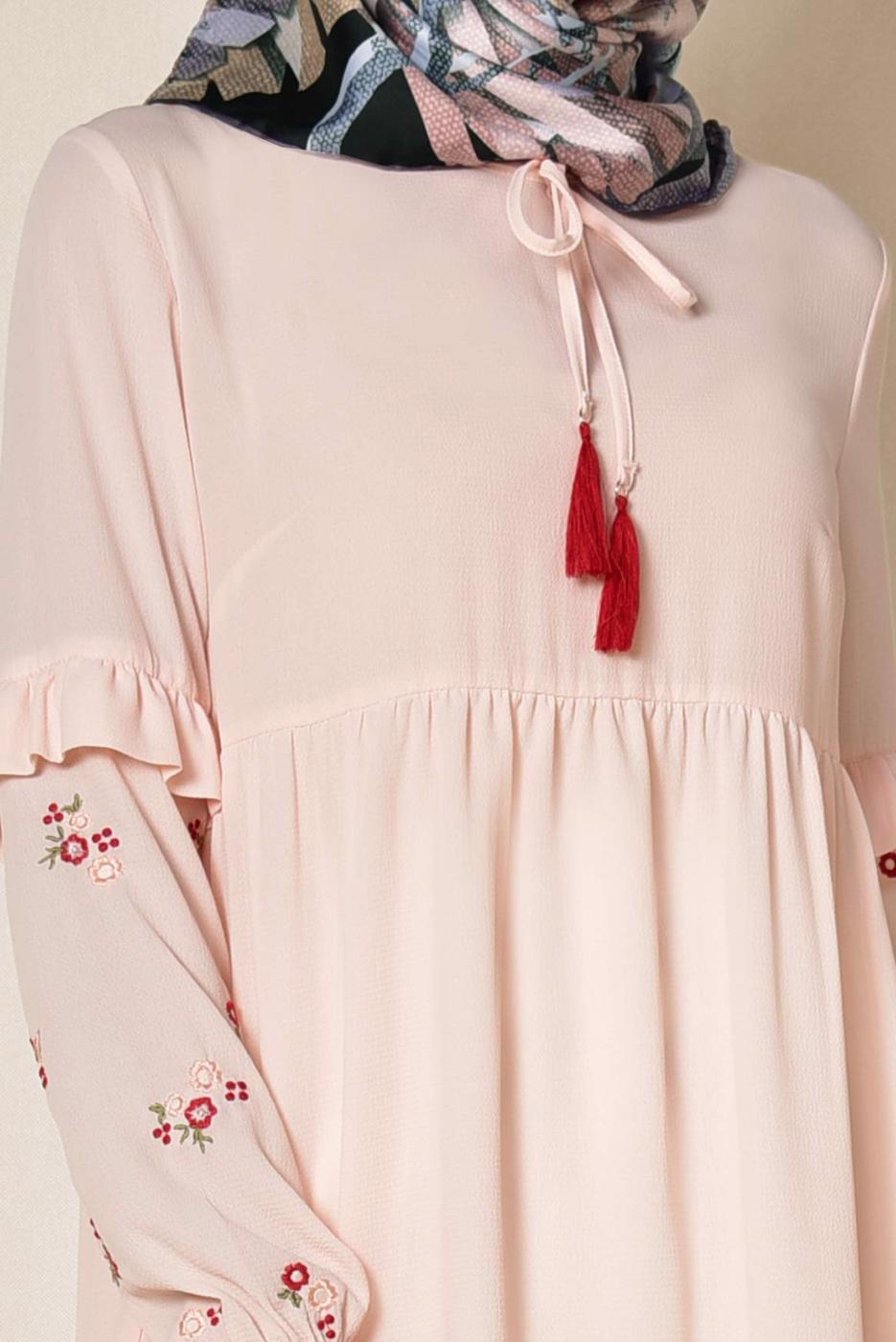 Tesettür giyim PEMBE ALVİNA KOLLARI NAKIŞLI BOL KESİM TUNİK 4274	