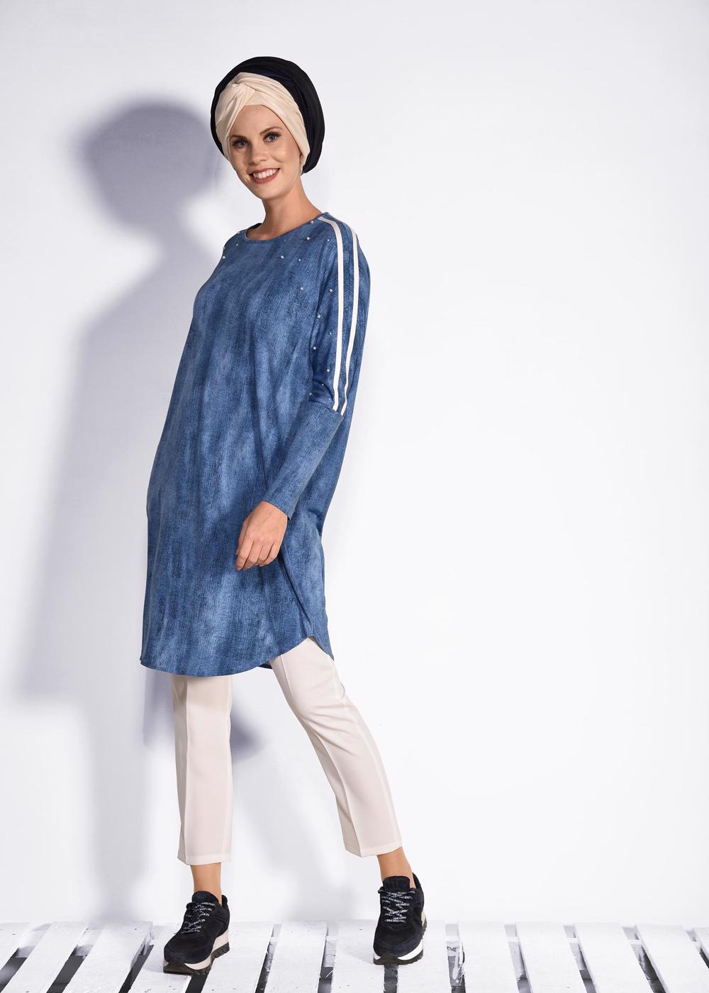 Tesettür giyim LACİVERT  ALVİNA  OMUZLARI ŞERİTLİ TUNİK 4326	