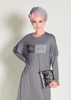 Tesettür giyim GRİ ALVİNA TAŞ İŞLEMELİ ASİMETRİK KESİM TUNİK 4362