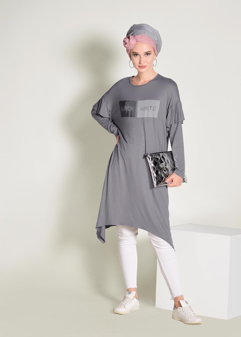 Tesettür giyim GRİ ALVİNA TAŞ İŞLEMELİ ASİMETRİK KESİM TUNİK 4362