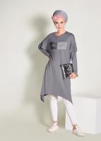 Tesettür giyim GRİ ALVİNA TAŞ İŞLEMELİ ASİMETRİK KESİM TUNİK 4362