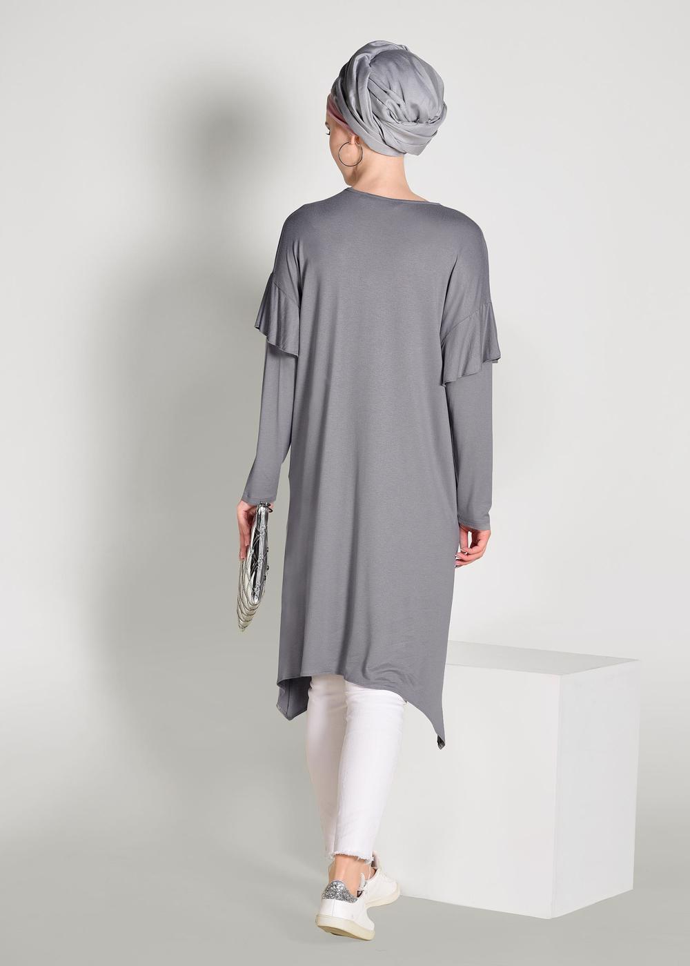 Tesettür giyim GRİ ALVİNA TAŞ İŞLEMELİ ASİMETRİK KESİM TUNİK 4362