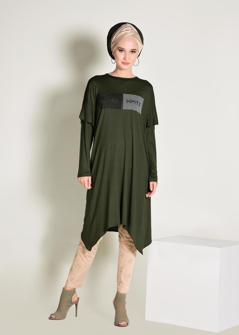 Tesettür giyim HAKİ ALVİNA TAŞ İŞLEMELİ ASİMETRİK KESİM TUNİK 4362