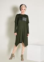 Tesettür giyim HAKİ ALVİNA TAŞ İŞLEMELİ ASİMETRİK KESİM TUNİK 4362