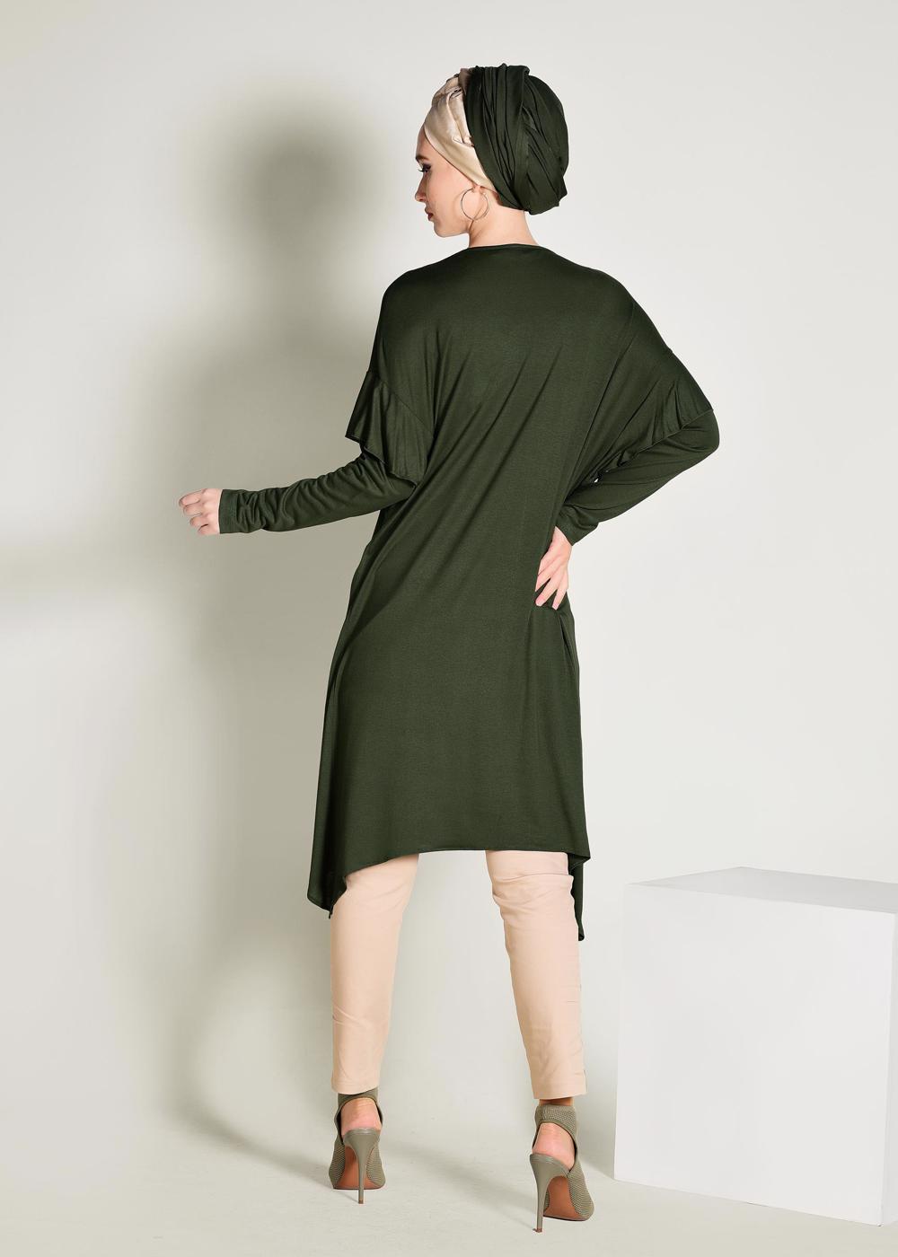 Tesettür giyim HAKİ ALVİNA TAŞ İŞLEMELİ ASİMETRİK KESİM TUNİK 4362