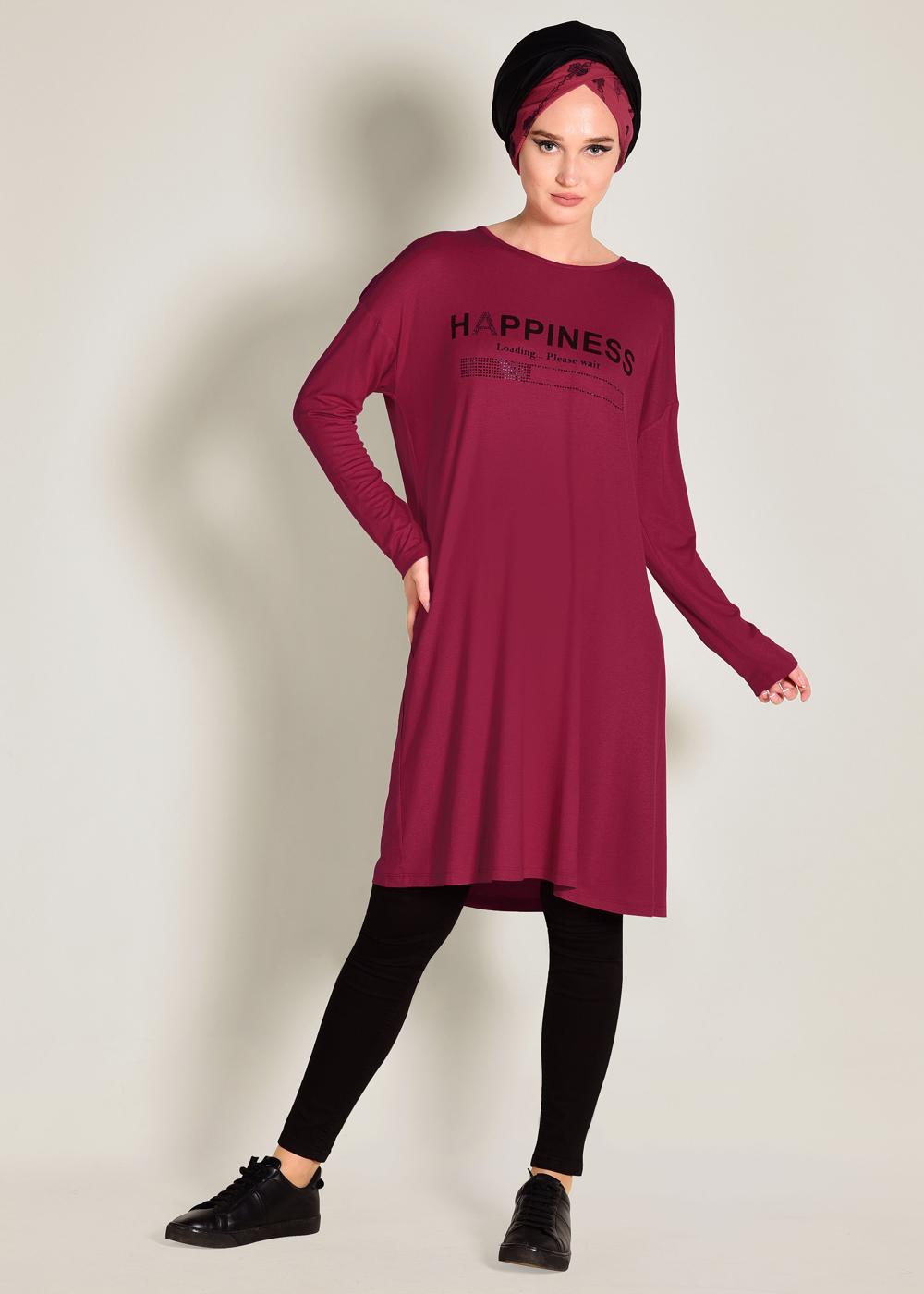 Tesettür giyim KIRMIZI ALVİNA YAZILI BASİC TUNİK 4365