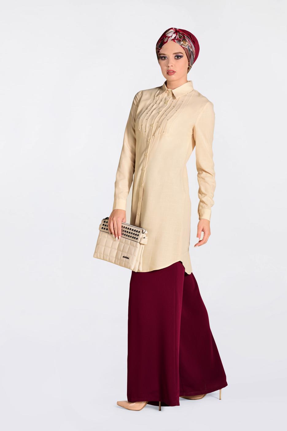Tesettür giyim BEJ  ALVİNA BONCUK DETAYLI ÖNDEN DÜĞMELİ TUNİK 4369	
