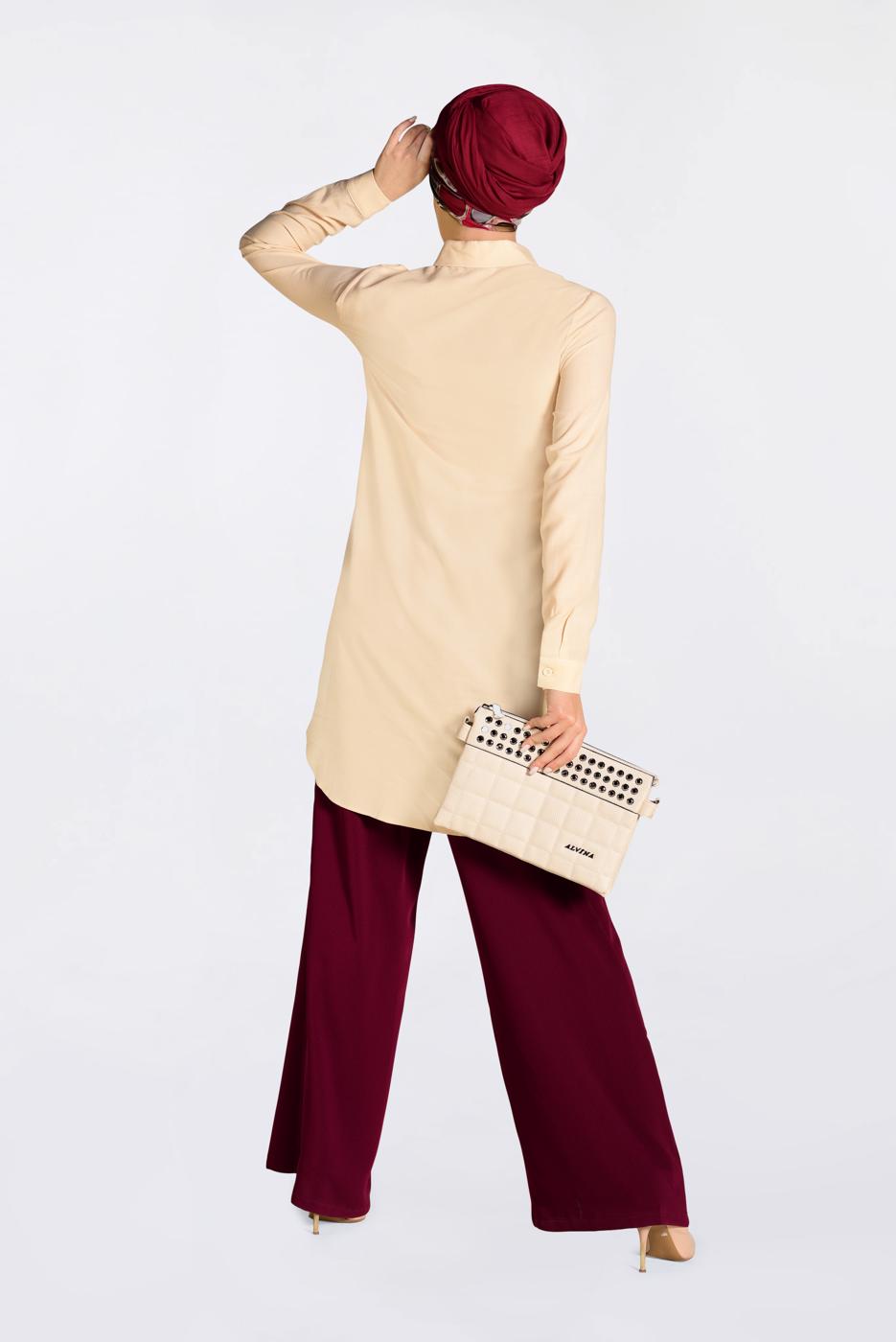 Tesettür giyim BEJ  ALVİNA BONCUK DETAYLI ÖNDEN DÜĞMELİ TUNİK 4369	