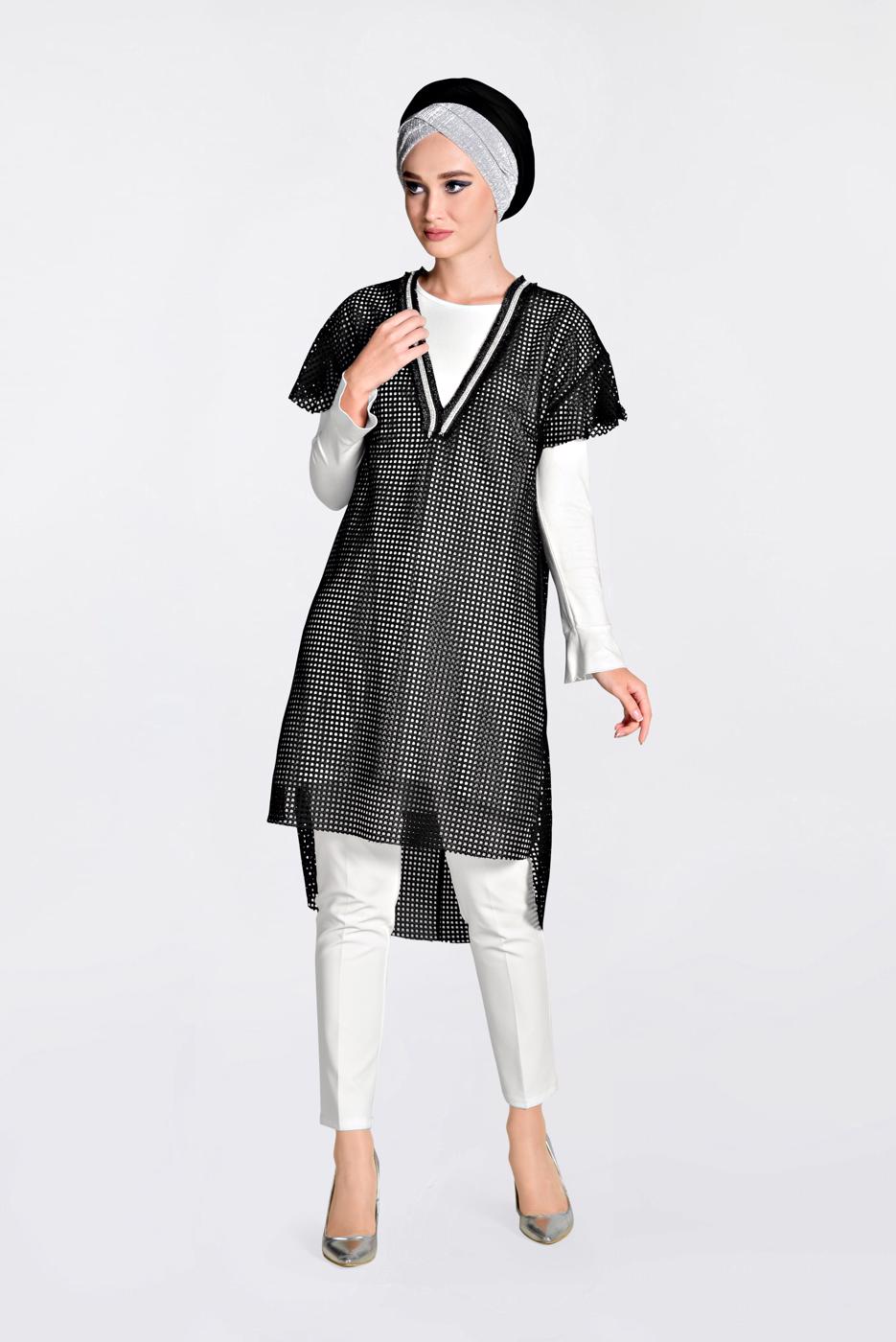 Tesettür giyim SİYAH ALVİNA FİLELİ GROGREN ŞERİTLİ İKİLİ TUNİK 4378