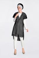 Tesettür giyim SİYAH ALVİNA FİLELİ GROGREN ŞERİTLİ İKİLİ TUNİK 4378