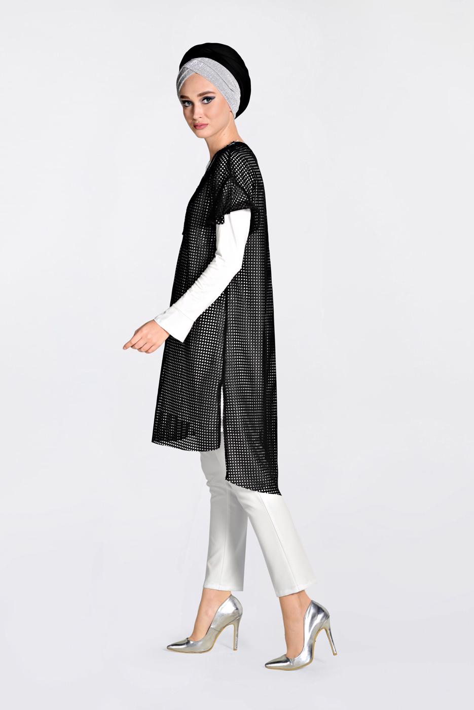 Tesettür giyim SİYAH ALVİNA FİLELİ GROGREN ŞERİTLİ İKİLİ TUNİK 4378