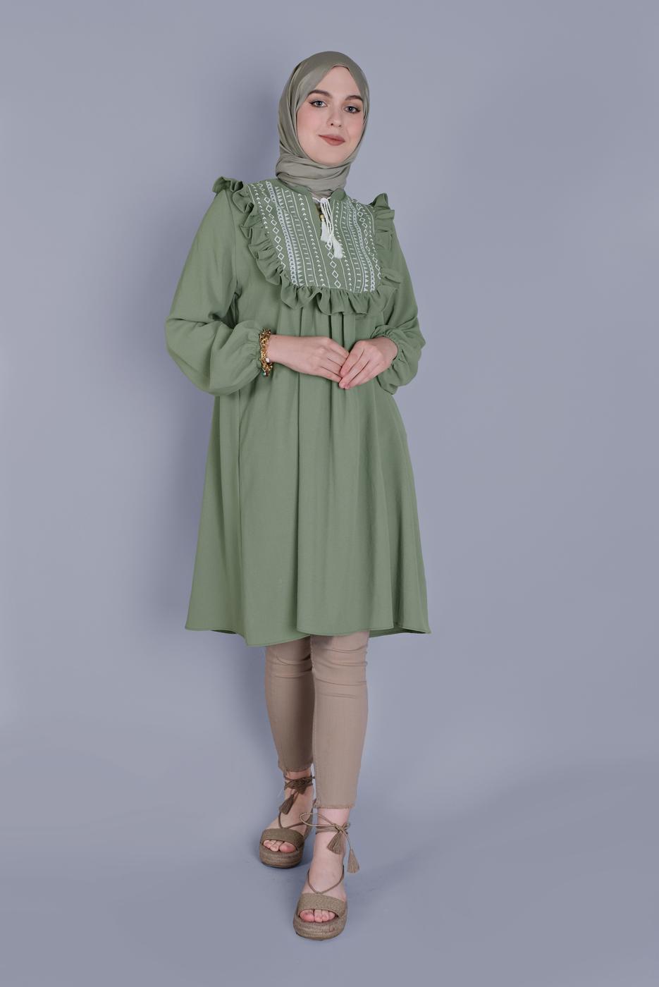 Hijab clothing GREEN TIE DETAIL RUFFLED TUNIC 4536 
