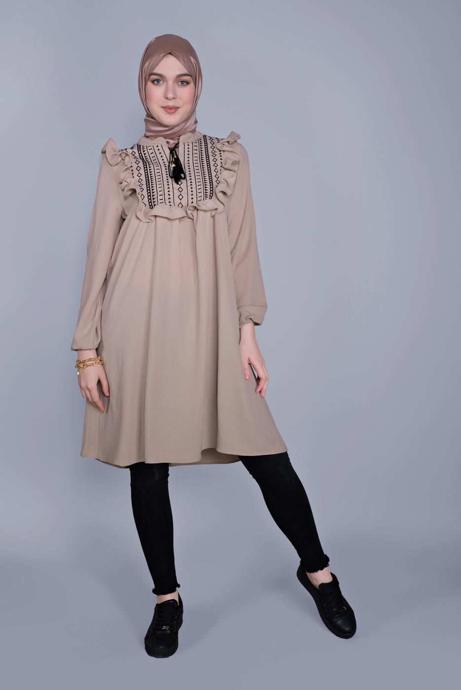 Hijab clothing BEIGE TIE DETAIL RUFFLED TUNIC 4536 