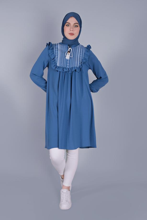 Tesettür giyim  YAKASI BAĞCIKLI FIRFIRLI TUNİK 4536 - TRENDTESETTÜR
